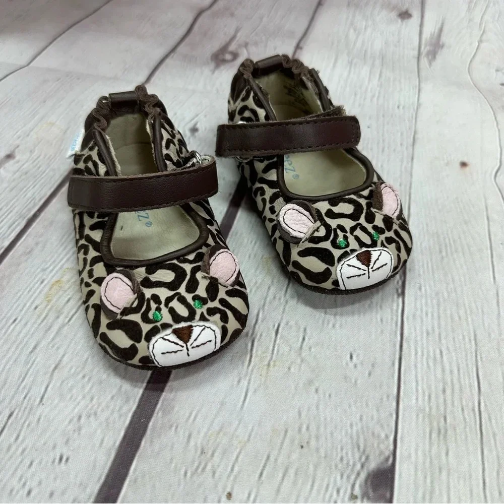 robeez mini shoes 3D leopard sandstone sz 2 leather animal print infant baby